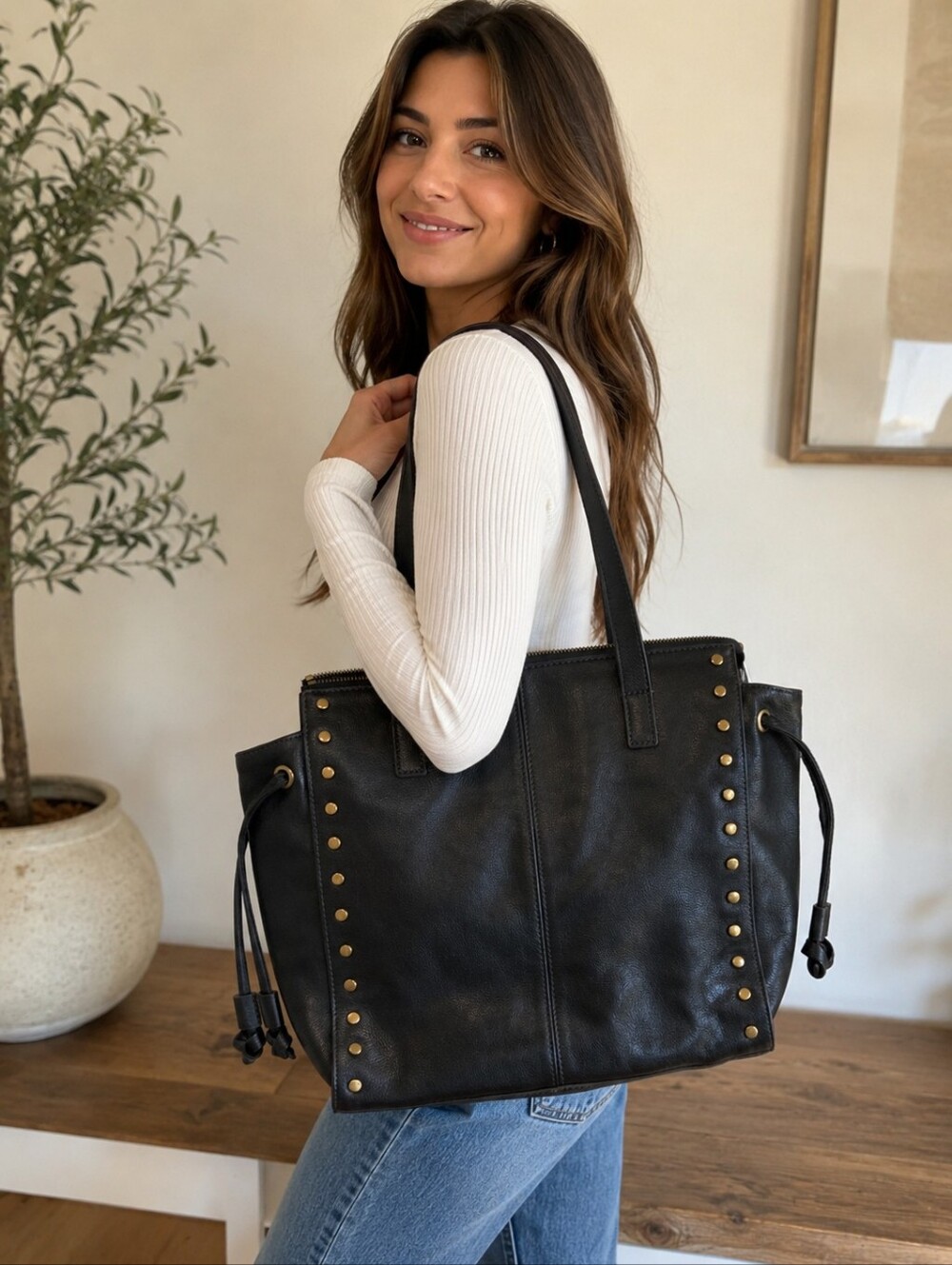 Fossil Black Leather Shoulder Tote with Gold Studs